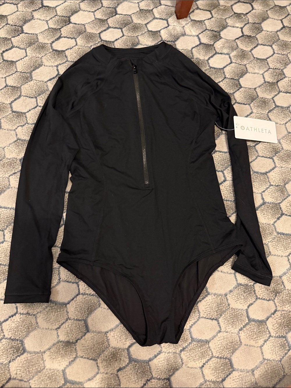 Athleta Black Long-Sleeve Front-Zip Swim One-Piece